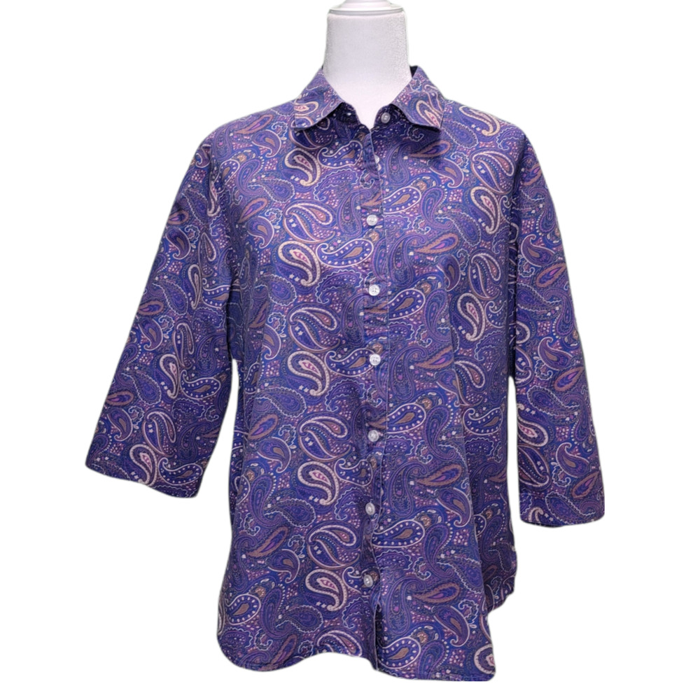 Orvis Paisley 3/4 Sleeve Button Down Size 14 Women's Paisley Patterned